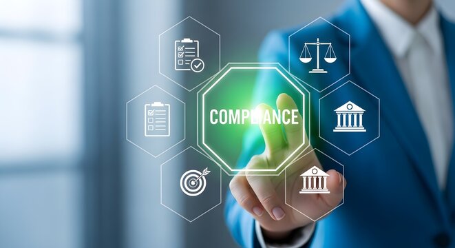 Businesswoman touching a digital screen with icons representing compliance, law, and regulations