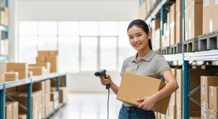 Portrait of a smiling Asian woman working in a warehouse. Female employee using a barcode scanner for inventory management and shipping. E-commerce and logistics concept