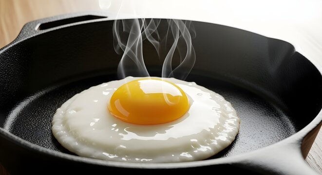 Steaming Fried Egg Cooking in Cast Iron Skillet, Perfect Breakfast Food, Close-up Macro Shot