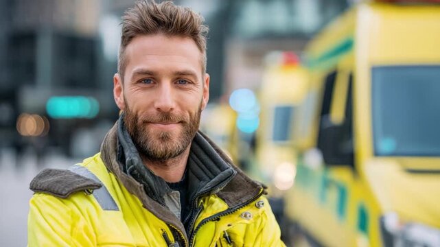 Dedicated Rescue: A resolute paramedic stands ready, his determined gaze reflecting unwavering commitment. He embodies compassion amidst an ambulance backdrop.