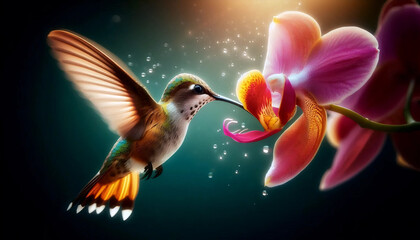 Obraz premium An orchid with a hummingbird, Ai generated image