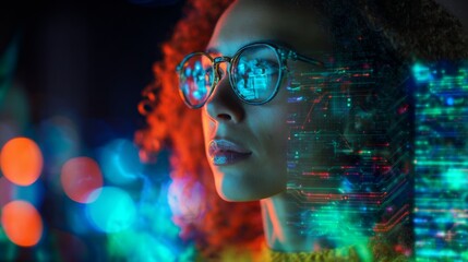 Advanced tech analysis by a modern, focused woman. Smart technology. Woman with chic glasses analyzes complex digital displays. Cognitive computing. Ai collaboration.