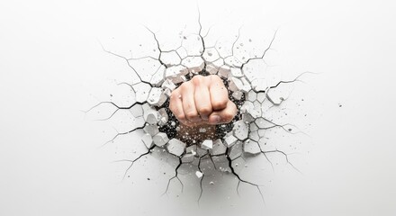 fist busting or breaking through a wall on a solid white background, action photo
