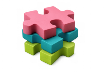 Stacked colorful puzzle pieces creating a tower, symbolizing connection, teamwork, solutions, and problem solving on a transparent background
