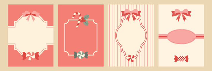 Retro Christmas candy frame with holly leaf, peppermint, and ribbon bow &ndash; vintage greeting card template for holiday celebration