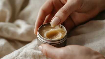 Female hands applying moisturizing cream from tin on soft beige fabric background