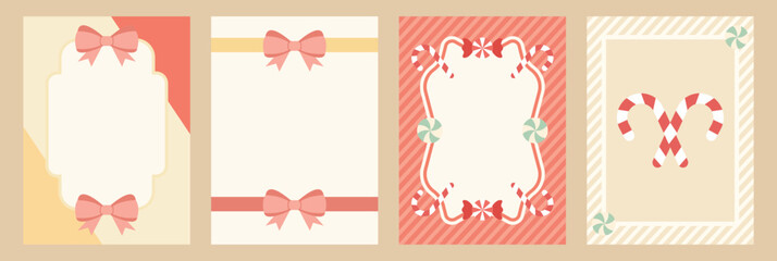 Christmas gift card border with bow ribbon and candy cane pattern – festive pastel background for holiday invitation or message template