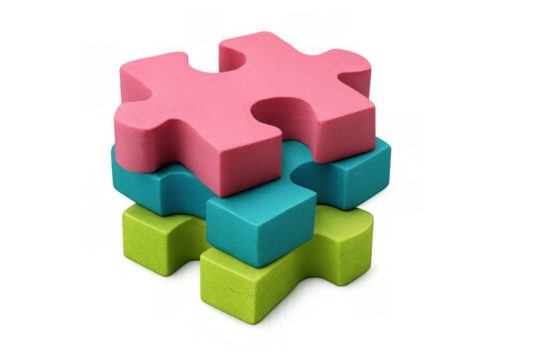 Stacked colorful puzzle pieces creating a tower, symbolizing connection, teamwork, solutions, and problem solving on a transparent background
