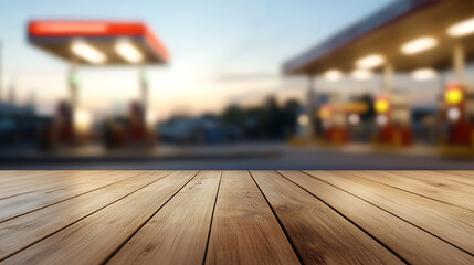 A rustic wooden platform stands before a softly blurred gas station. This foreground provides a classic, textured contrast to the modern and functional background.