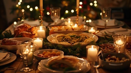 Naklejka premium Festive dining table with holiday decorations and candlelight