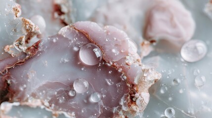 Close-up of water droplets on polished pink and blue marble surface