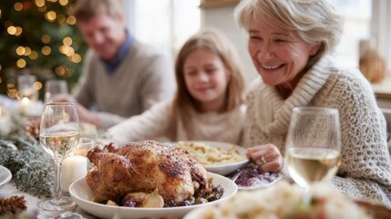 Elderly caucasian female enjoying holiday meal with family around festive table