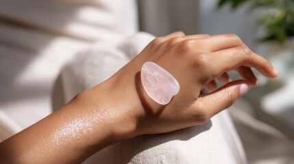 Female hand with jade stone on skin for beauty and relaxation