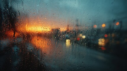 Rainy window view at sunset with city lights blurred in the background