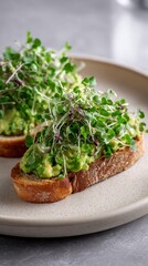 Avocado toast with microgreens on sourdough bread on a ceramic plate