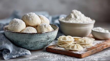 Rustic dumplings and powdered flour on wooden board in cozy kitchen setting