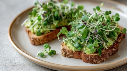 Delicious avocado toast with fresh microgreens on wheat bread
