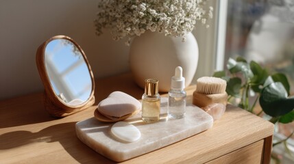 Elegant vanity setup with skincare bottles and mirror on wooden table