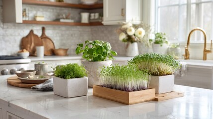 Modern kitchen with fresh microgreens and herbs on marble countertop