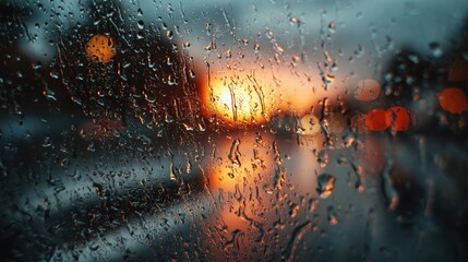 Rain-soaked window at sunset with bokeh and raindrops