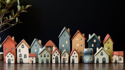 Charming miniature ceramic houses on wooden surface with black background