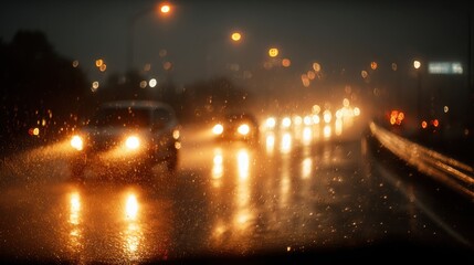 Rainy night traffic with blurred car headlights on wet street