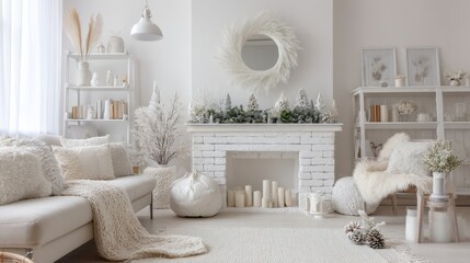 Cozy winter living room with elegant fireplace and soft neutral decor