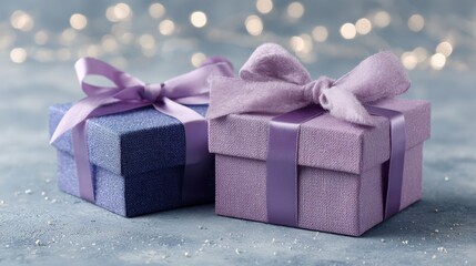 Purple and blue gift boxes with ribbons on glittery surface