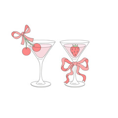 Cute Romantic Vintage Coquette Cherry Strawberry Martini Clipart Set, Retro Girly Valentine Day Illustration for Scrapbooking and Stickers