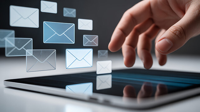 Hand using a tablet to send emails, illustrating digital communication and technology, with floating envelope icons representing messages and connectivity