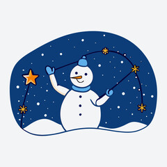 Whimsical snowman creates a starry constellation in a snowy winter night sky
