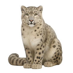 Obraz premium Snow Leopard Sitting Elegantly Captivating Wildlife Portrait on White Background