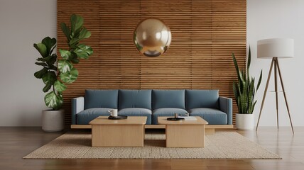 Blue sofa in a modern living room with wood slat wall and tripod lamp interior contemporary