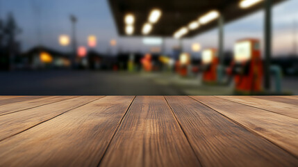 Obraz premium A wooden table with a blurred view of a gas station in the background. A versatile image for ads, product placements, or illustrating a concept related to the travel or fuel industry.
