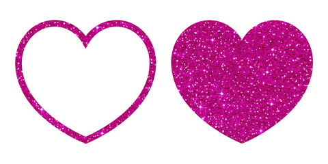 Pink Glitter Heart Outline and Filled Sparkle Heart Isolated on Transparent Background