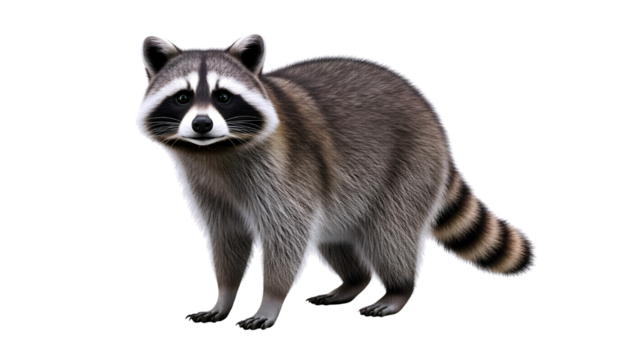 A detailed realistic illustration of a north american raccoon standing and looking directly at the viewer isolated on transparent background