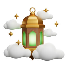 3d icon of ramadan lantern with clouds and stars isolated on transparent background