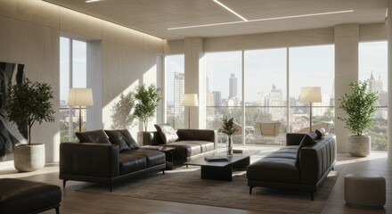Fototapeta premium Modern Minimalist Living Room with City View and Natural Light