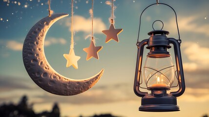 Crescent moon and stars hanging with lit lantern against sunset sky image photo