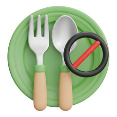 3d icon of no food allowed, 3d rendering of plate with fork, spoon and prohibition sign isolated on transparent background