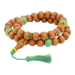 3d icon of islamic prayer beads isolated on transparent background, tasbih with green accents