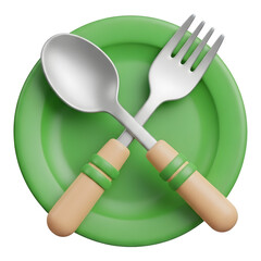 3d icon of 3d rendering of plate with crossed fork and spoon isolated on transparent background