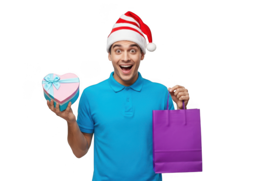 A surprised man wearing a santa hat, holding a heartshaped gift box and a purple shopping bag, looking excited about christmas presents, isolated on transparent background