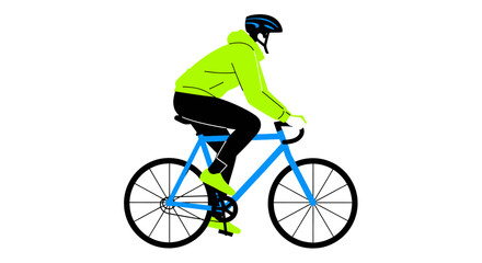 A cyclist wearing a helmet and bright green jacket rides a blue bicycle