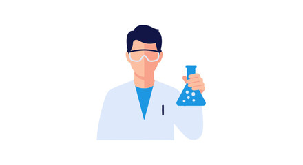 A scientist in a lab coat holding a blue liquid flask