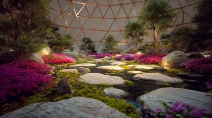 Futuristic zen garden within a virtual reality dome, featuring soft focus and immersive elements