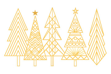 Geometric golden christmas trees creating a modern holiday season background. Vector design graphic on transparent background