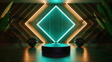 Futuristic Neon Stage with Geometric Patterns and Tropical Accents podium lights
