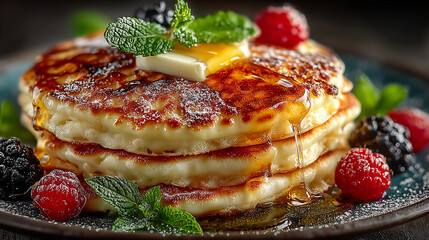Close up pancakes with strawberry and honey in breakfast meal , dessert photo.