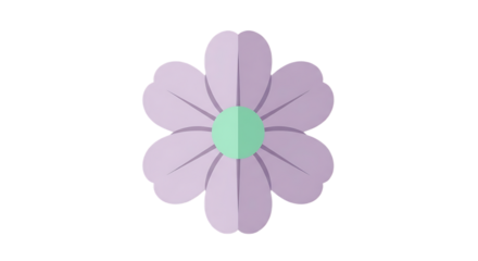 Stylized purple papercraft flower with six petals and a green center isolated on a white background.